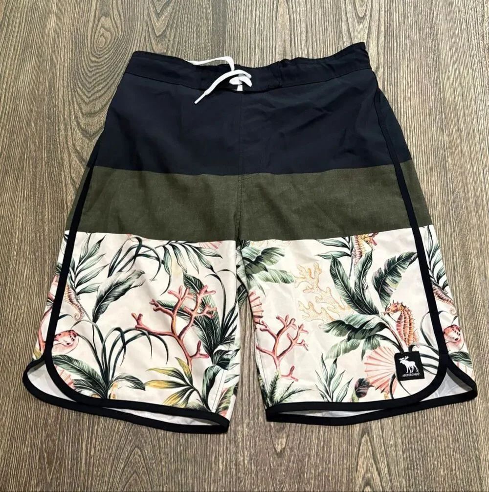 Abercrombie Kids Boys Board Shorts Swim Tropical Colorblock Navy Green 15/16